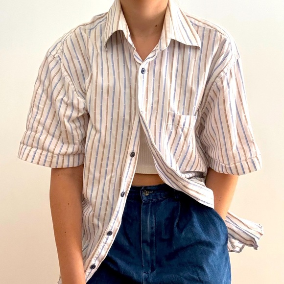 ARROW Striped SHORT SLEEVE BUTTON DOWN SHIRT - Blue - White - Tan - Picture 1 of 12